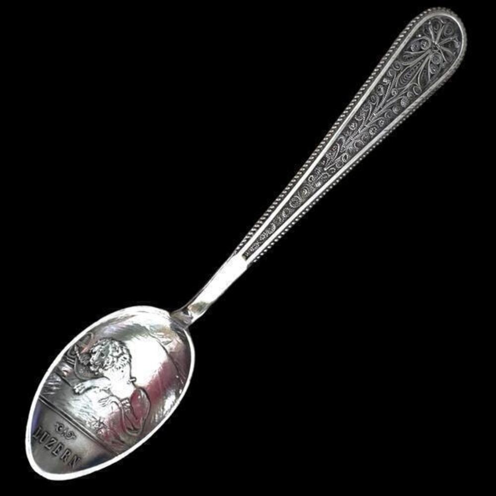 Lion of Luzern KFK 800 Silver Spoon Filigree Handle 1800s European Souvenir